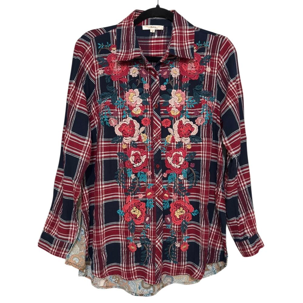 ANDREE BY UNIT Floral Plaid Embroidered Button Down Blouse Size S Mixed Media